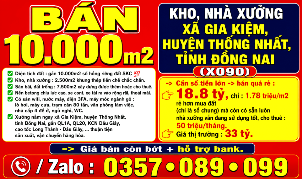 BÁN RẺ 10000m2 KHO, NHÀ XƯỞNG XÃ GIA KIỆM, HUYỆN THỐNG NHẤT, TỈNH ĐỒNG NAI, GẦN QL1A, QL20