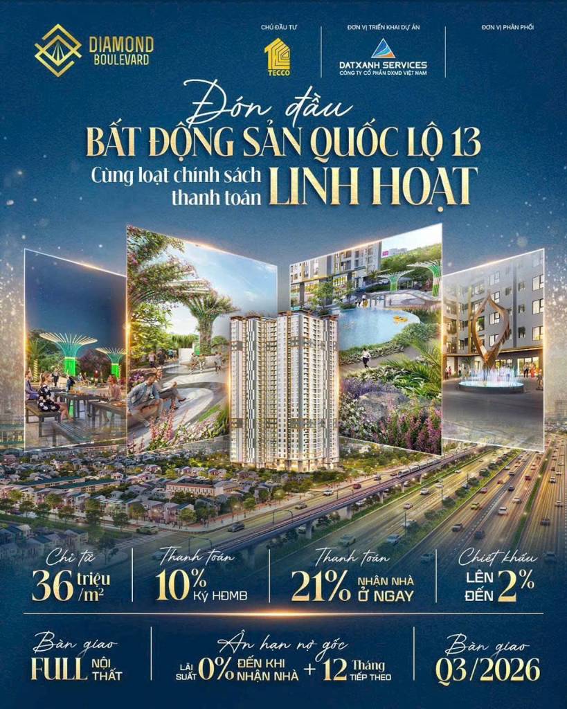 Bán căn hộ Diamond Boulevard Thuận An, dự án căn hộ cao cấp, dt 51m2, giá rẻ