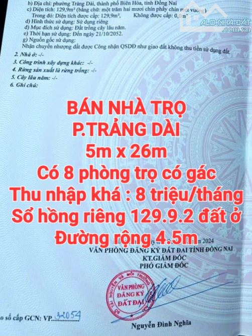 BÁN NHÀ TRỌ 129.9m2 TRẢNG DÀI, SỔ HỒNG RIÊNG, ĐƯỜNG RỘNG 4.5m