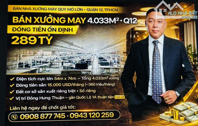 Xưởng May Đông Hưng Thuận Q12 Gần QL1A - 4033m2 Dòng Tiền 360tr/th Chỉ 289 Tỷ
