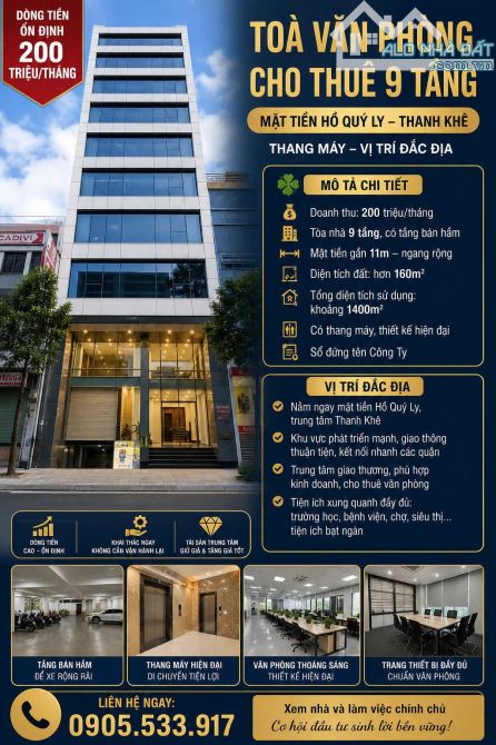 🔥 TOÀ VĂN PHÒNG 9 TẦNG – MẶT TIỀN HỒ QUÝ LY – DÒNG TIỀN 200TR/THÁNG 🔥 🌟