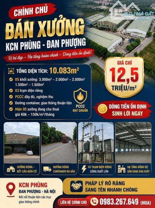 Bán Xưởng KCN Phùng 10.083m² – PCCC Nghiệm Thu – 3 Trạm Điện – Có Dòng Tiền – Giá Chỉ 12,5