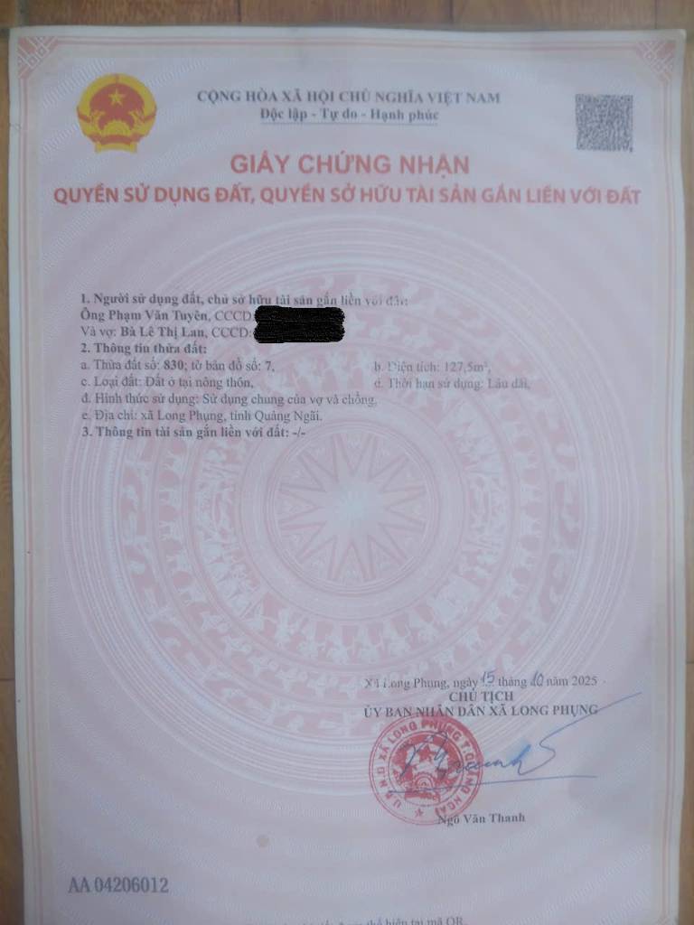 Bán đất 2 mặt tiền Long Phụng, Quảng Ngãi, dt 127m2, sổ sẵn, giá tốt