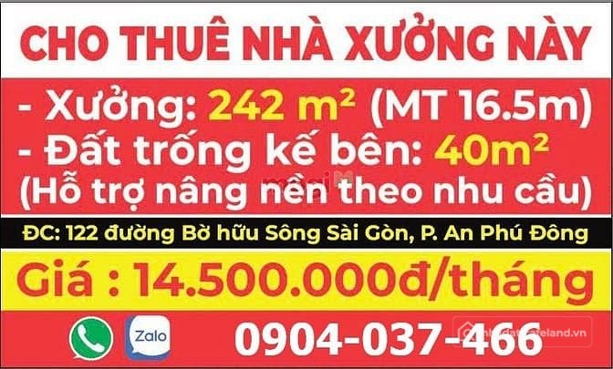 Nhà Kho - Xưởng: NHÀ XƯỞNG 282m2, Mặt tiền đường bờ hữu sông sài gòn, 14.5 triệu