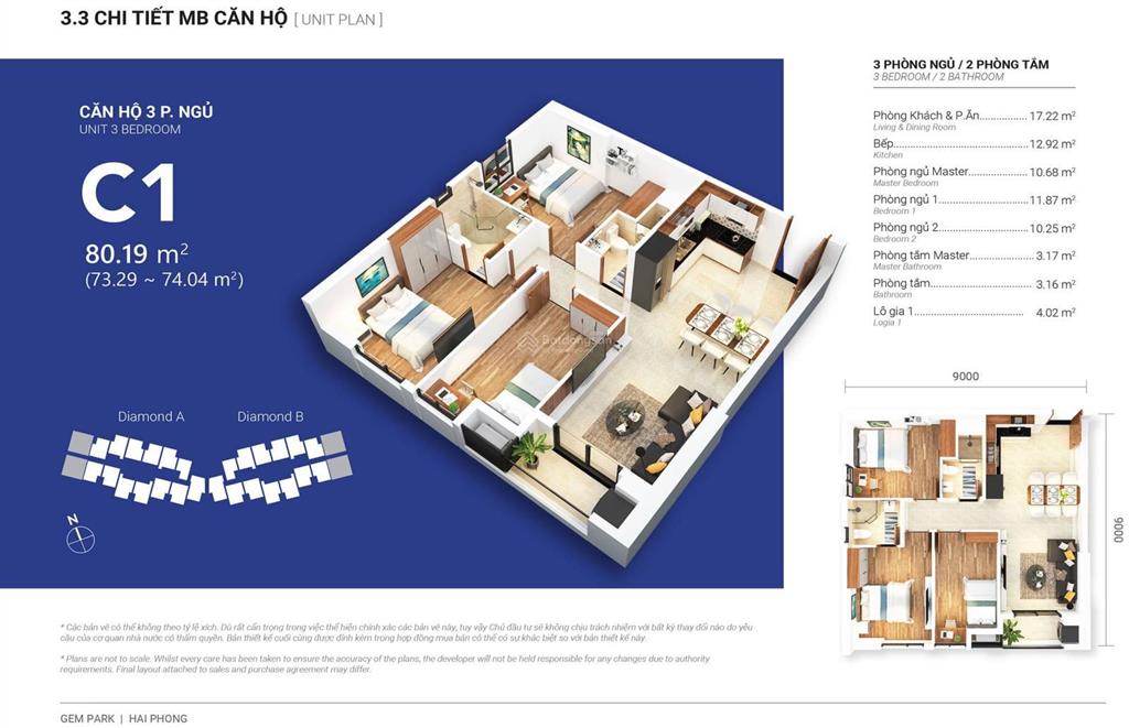 Căn hộ 3pn gem park hải phòng 74m² thiết kế tối ưu giá chỉ 3,7 tỷ trả góp đến 2027