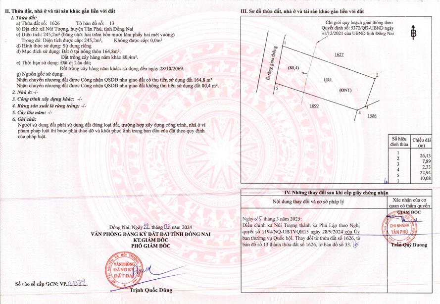 Bán đất 245m² full thổ cư mặt tiền 10m đường núi tượng, tân phú, giá 1,6 tỷ sẵn sổ đỏ chính chủ