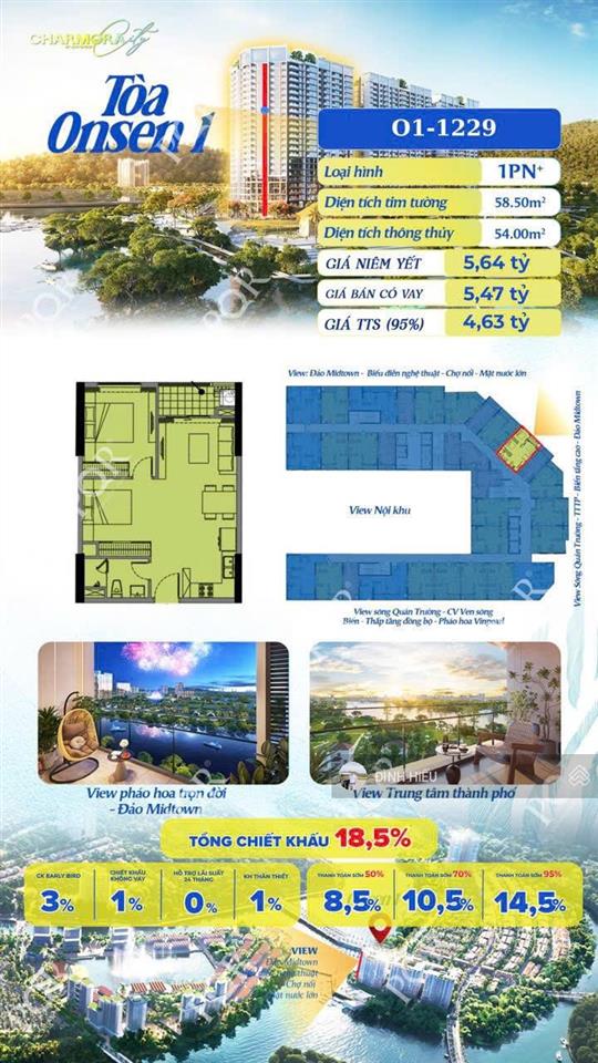 Căn 1pn + view ngắm pháo hoa, công viên sun nha trang, 54m², 4,63 tỷ