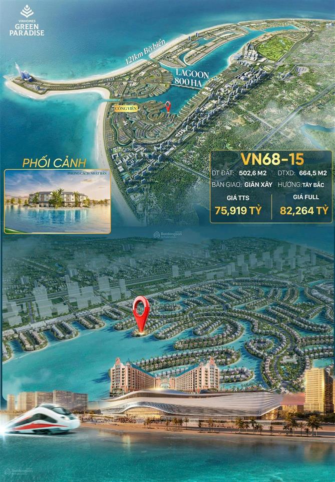 Biệt thự rẻ quạt vn6815 trực diện hồ lagoon, dtich 503m2, giá 82 tỷ, bãi cát sau nhà riêng tư