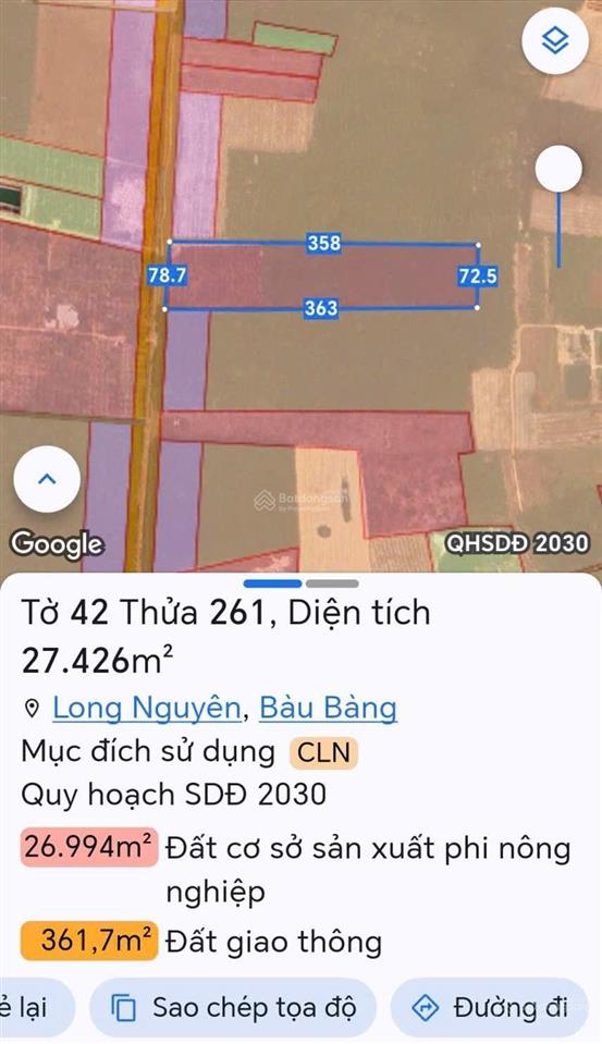Cần bán 27.500m² đất quy hoạch skc tại long nguyên bàu bàng bình dương