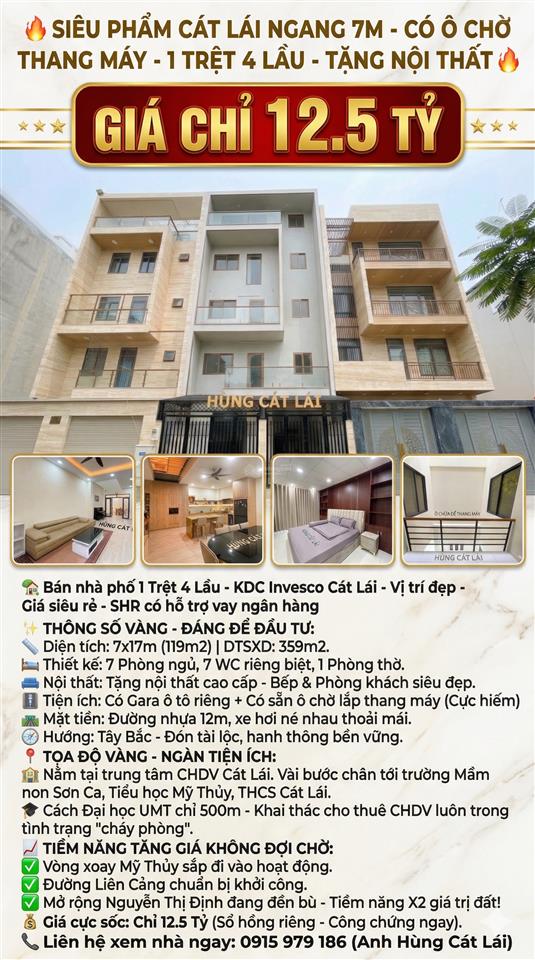 Siêu phẩm cát lái ngang 7m có ô chờ thang máy 1 trệt 4 lầu giá chỉ 12,5 tỷ tặng nội thất