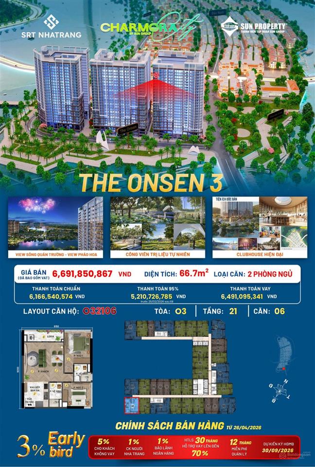 Căn hộ view quảng trường pháo hoa tòa the onsen 3 charmora city nha trang