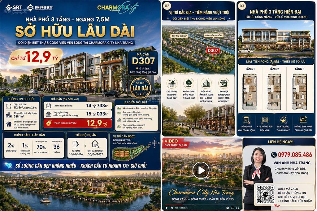 Nhà phố 3tầng, ngang 7,5m, sở hữu lâu dài đối diện biệt thự và công viên ven sông tại charmora city