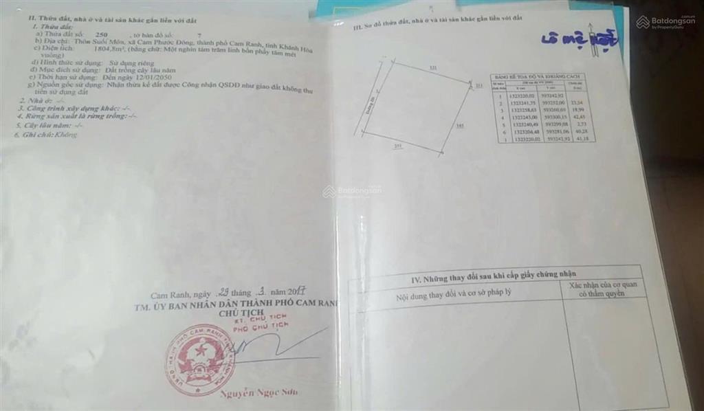 Chính chủ bán lô đất 1804.8m mt 40m, full tc đường lập định suối môn, ba ngòi, cam ranh. 0989 334 ***