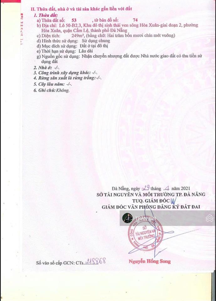 Lô đất mặt tiền đường tôn thất dương kỵ. hòa xuân. vị trí đẹp đối diện công viên