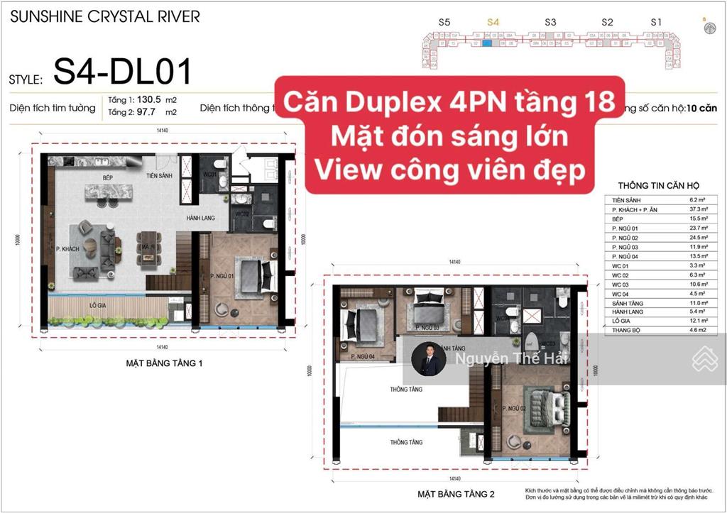 Căn duplex 4pn tầng 18, ban công hướng nam view công viên, giá 36 tỷ, noble crystal tây hồ