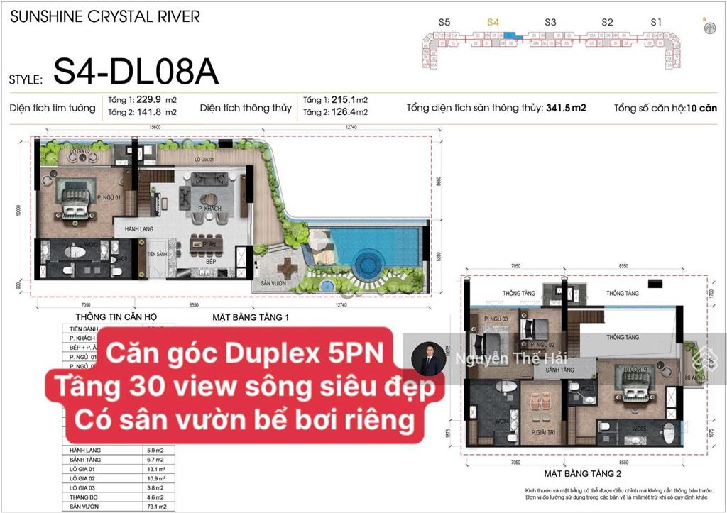 Căn góc duplex 5pn toà s4, tầng 30 view sông hồng, có bể bơi riêng, giá 77 tỷ, noble crystal tây hồ