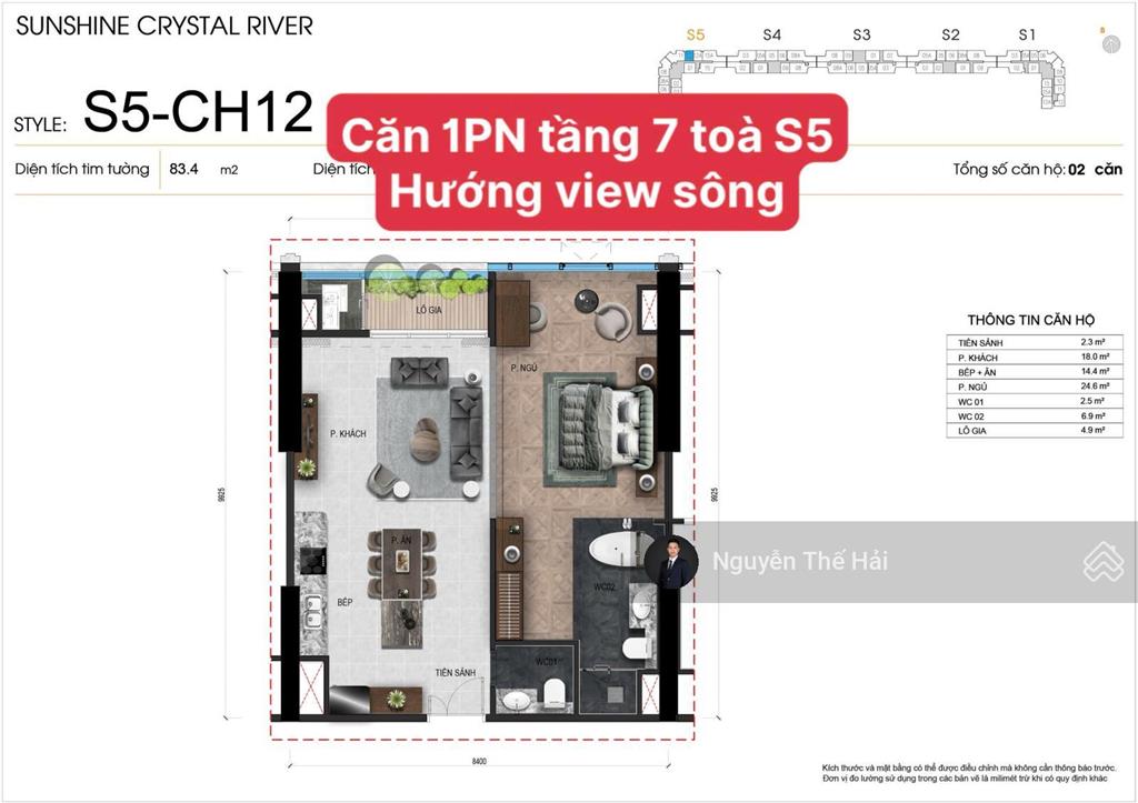 Căn 1pn diện tích nhỏ nhất, tầng 7 toà s5 hướng view sông, giá 11,7 tỷ, noble crystal tây hồ