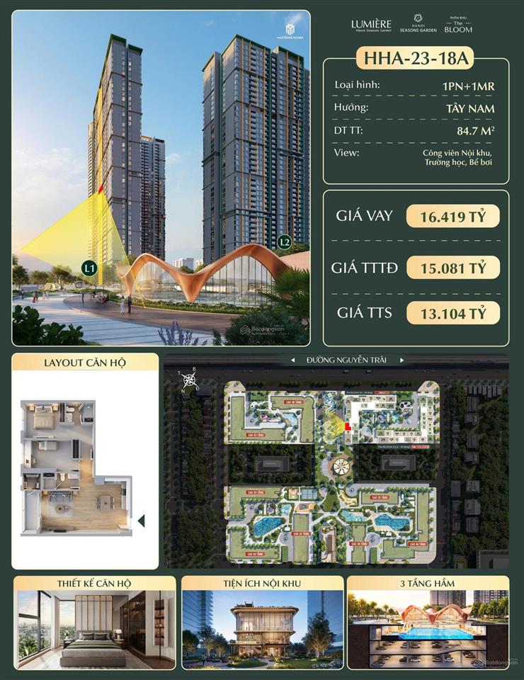 Hha2318a căn 1pn+1mr diện tích 84.7m2 *dự án lumière hanoi seasons