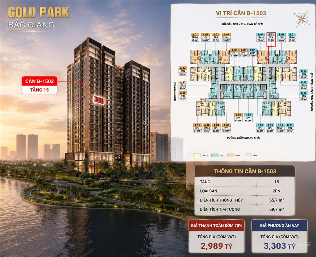 Bán cc gold park, trần quang khải, 3 tỷ vnd, 55.7m2, 2pn, 2wc, giá tốt