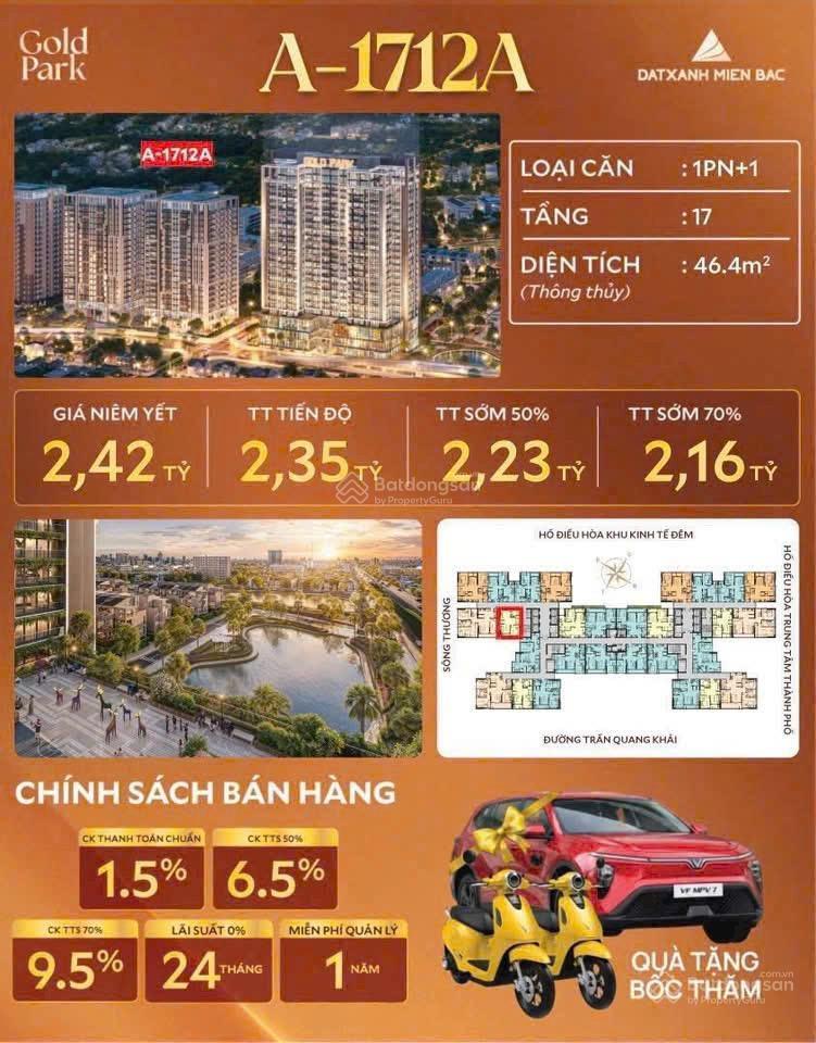 Bán cc gold park, trần quang khải, 46,6 triệu / m2, 46,2 m2, 1pn, 1wc, nội thất full