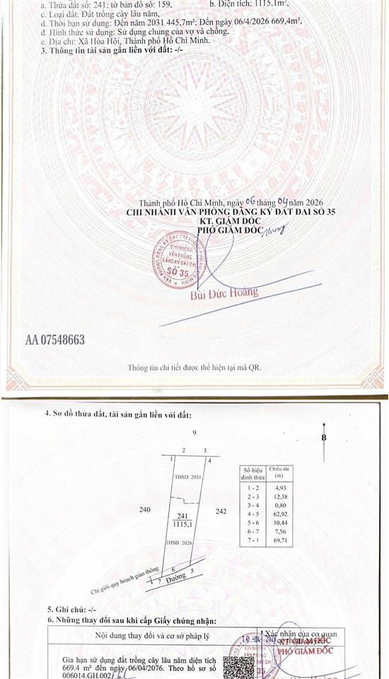 Bán đất xã hoà hội dt 1.115m2 ngang 18mx60m mặt tiền đường nhựa, khu dân cư