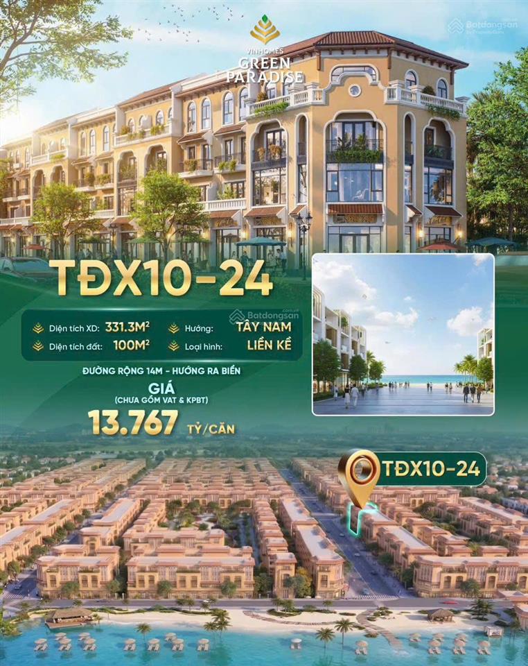 Mở bán căn liền kề tđx1024 vinhomes green paradise trục đường hướng biển 14m, giá tốt chỉ 13,767