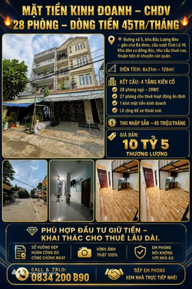 Mặt tiền kinh doanh, căn hộ dịch vụ 28 phòng, dòng tiền 45 triệu/tháng