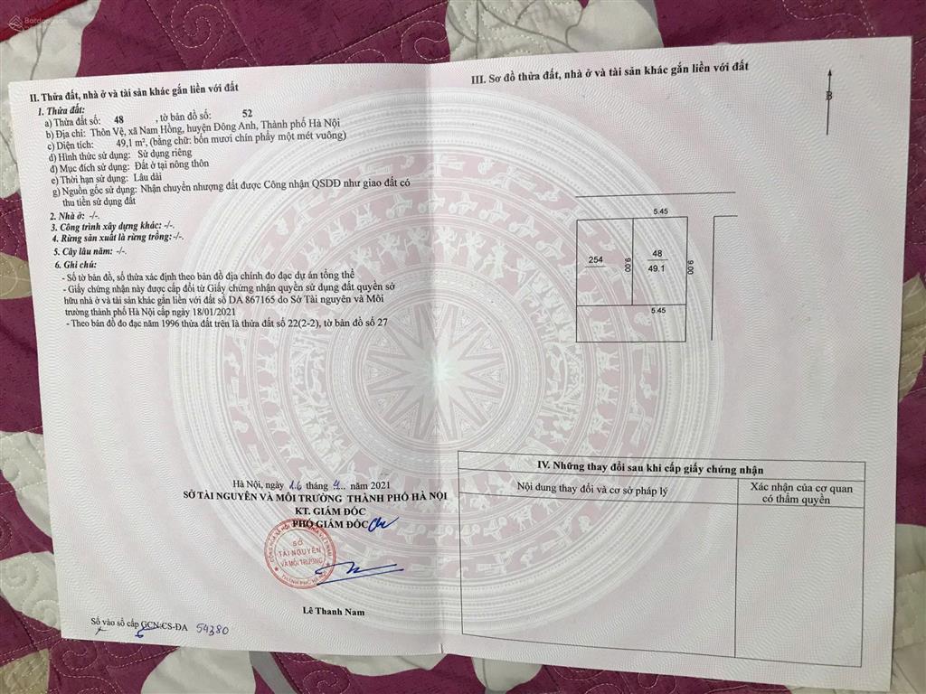 Chính chủ bán nhanh lô đất xã nam hồng, đông anh, 49.5m2, mt 5.5m, 2 mặt thoáng, ô tô vào tận đất