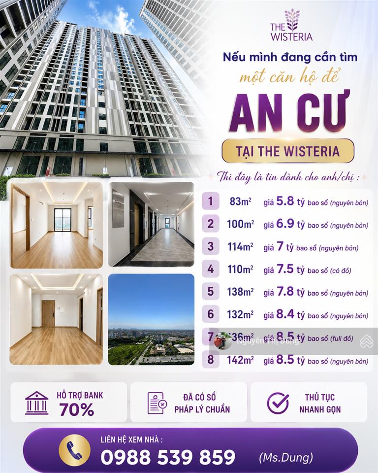 Quỹ căn chuyển nhượng giá tốt wisteria sẵn sổ có hỗ trợ bank nhận nhà ngay