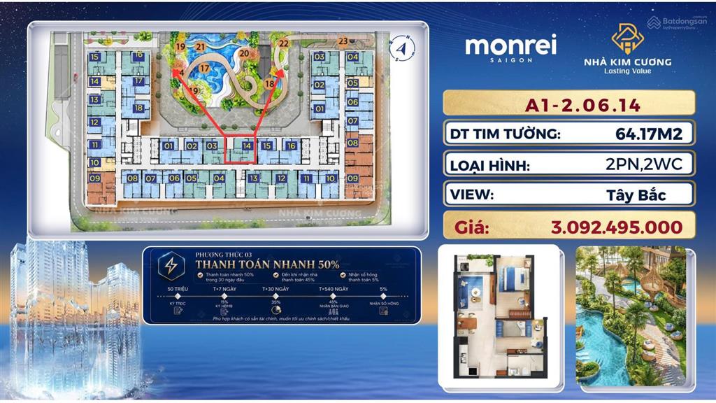 Monrei saigon, 3,092 tỷ, 64m2, 2pn, 2wc, tiện ích đầy đủ