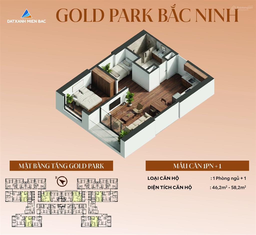 Bán cc gold park, trần quang khải, bắc giang, 50,2 triệu / m2, 60,5m2 với view đẹp