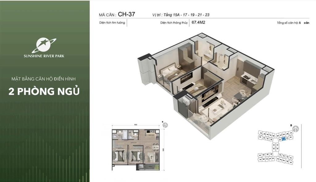 Bán 2 ngủ sunshine river park 67m2 ban công rộng, nội thất gắn tường cao cấp