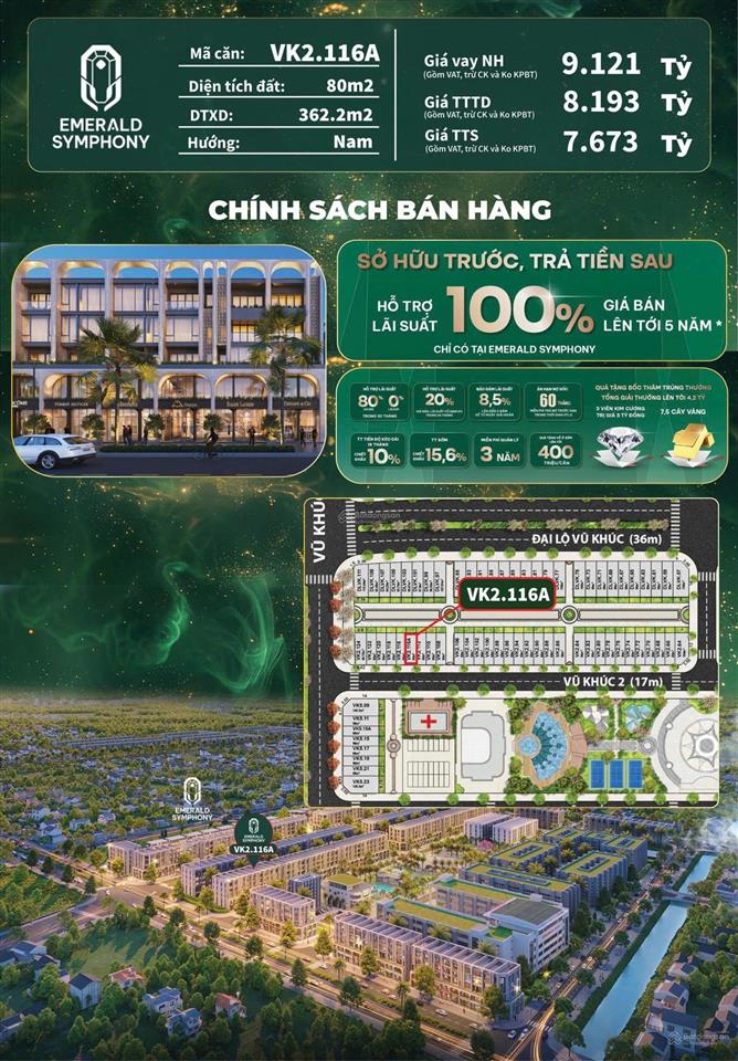 Cần bán căn lk 80m² emerald symphony hướng nam tặng vườn rộng rãi dễ kinh doanh buôn bán