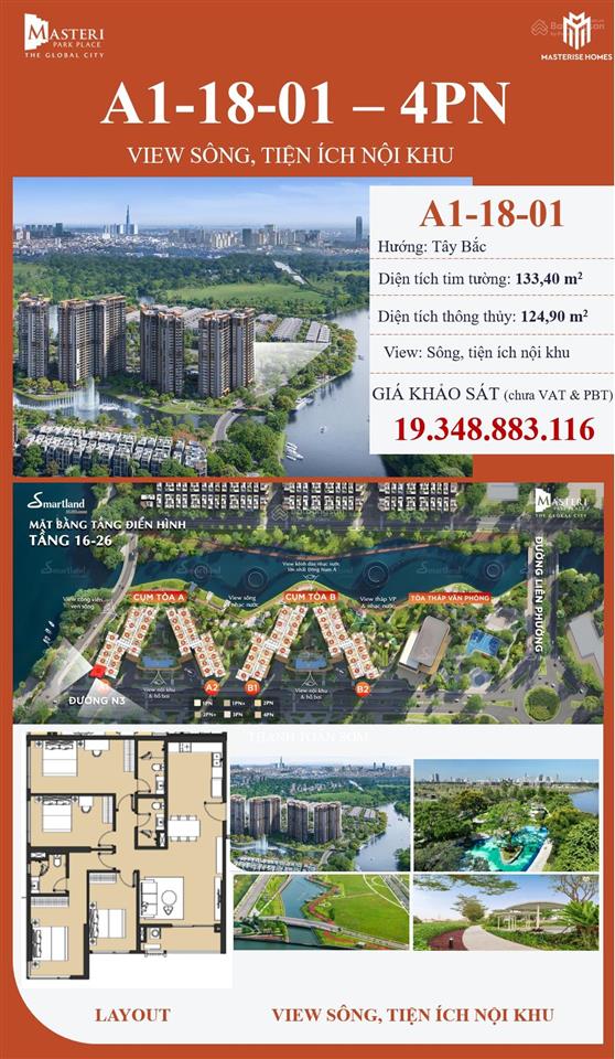 Cần bán căn hộ masteri park place 4pn view sông the global city, 0936 616 ***