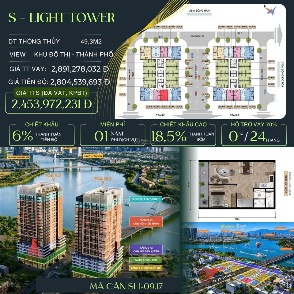 Bán căn hộ 1pn slight tower chỉ 2,454 tỷ ck 18,5% vay 70% ls 0% 24 tháng