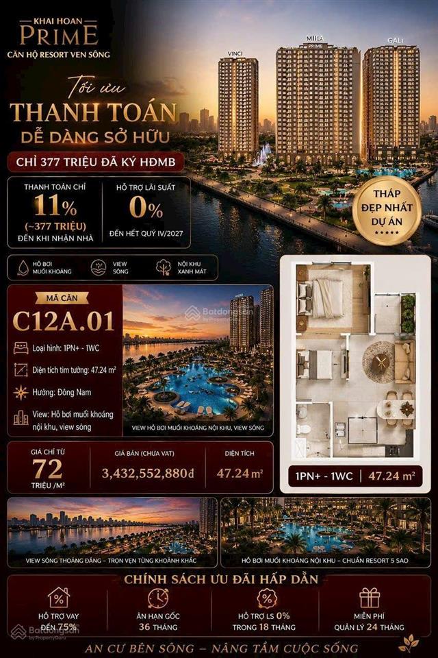 Bán căn hộ khải hoàn prime 47m, 1pn+, 1wc chỉ cần thanh toán 377 triệu đến khi nhận nhà.