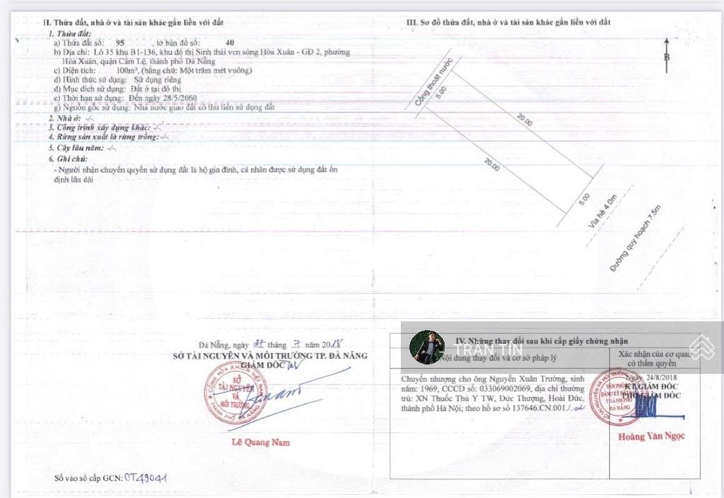 Cặp đất mặt tiền đường đỗ quỳ. khu đô thị hoà xuân. không khí trong lành cách sông chỉ 200m