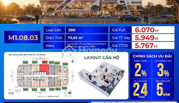 Cực đẹp.Căn2PN-M1.03.03 The Meridian sông Hàn Đà Nẵng-View Trực diện Downtown 69 Tầng,Pháo Hoa DIFF