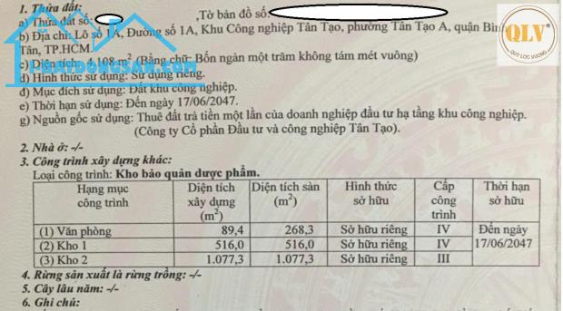 CẦN BÁN NHÀ XƯỞNG – KCN TÂN TẠO, BÌNH TÂN, TP.HCM – 1.900m²