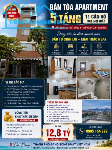 🏠💯 BÁN NHANH TÒA CĂN HỘ APARTMENT 5 TẦNG, NGAY BÃI BIỂN SƠN THỦY ĐÀ NẴNG CHỈ NHỈNH 12 TỶ